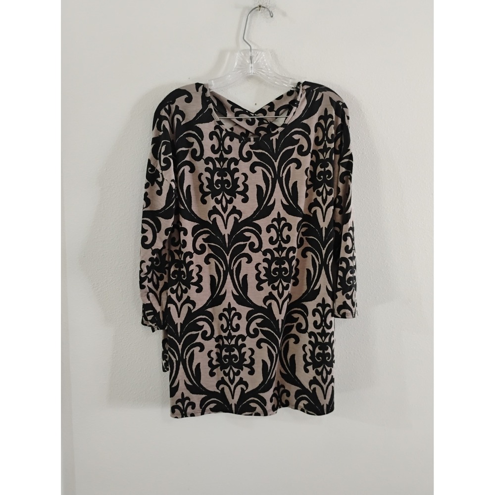 Damask Print Tunic Top Tan Black Lattice Back Empire Waist Blouse Medium USA